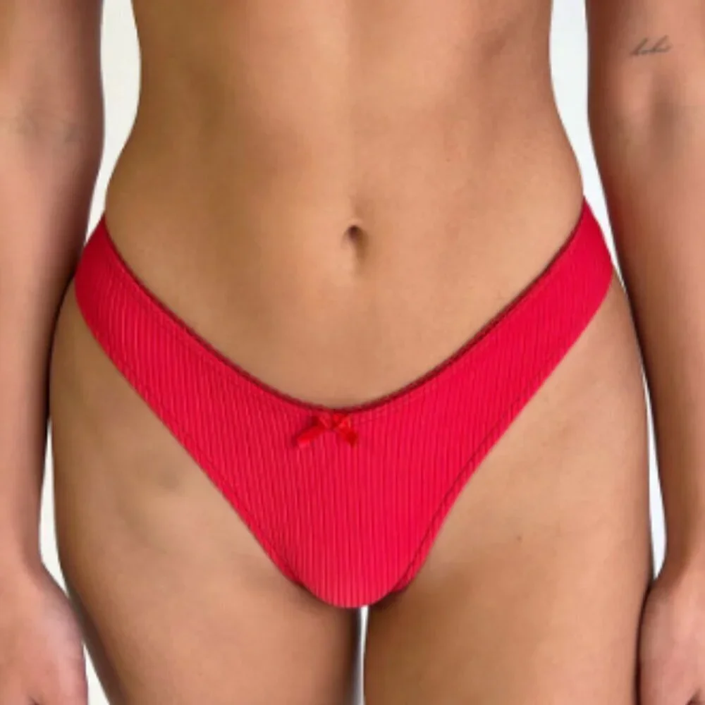 New! Frankie's Bikinis Vibrant Red Enzo Ribbed Cheeky Bikini Bottom 1485
